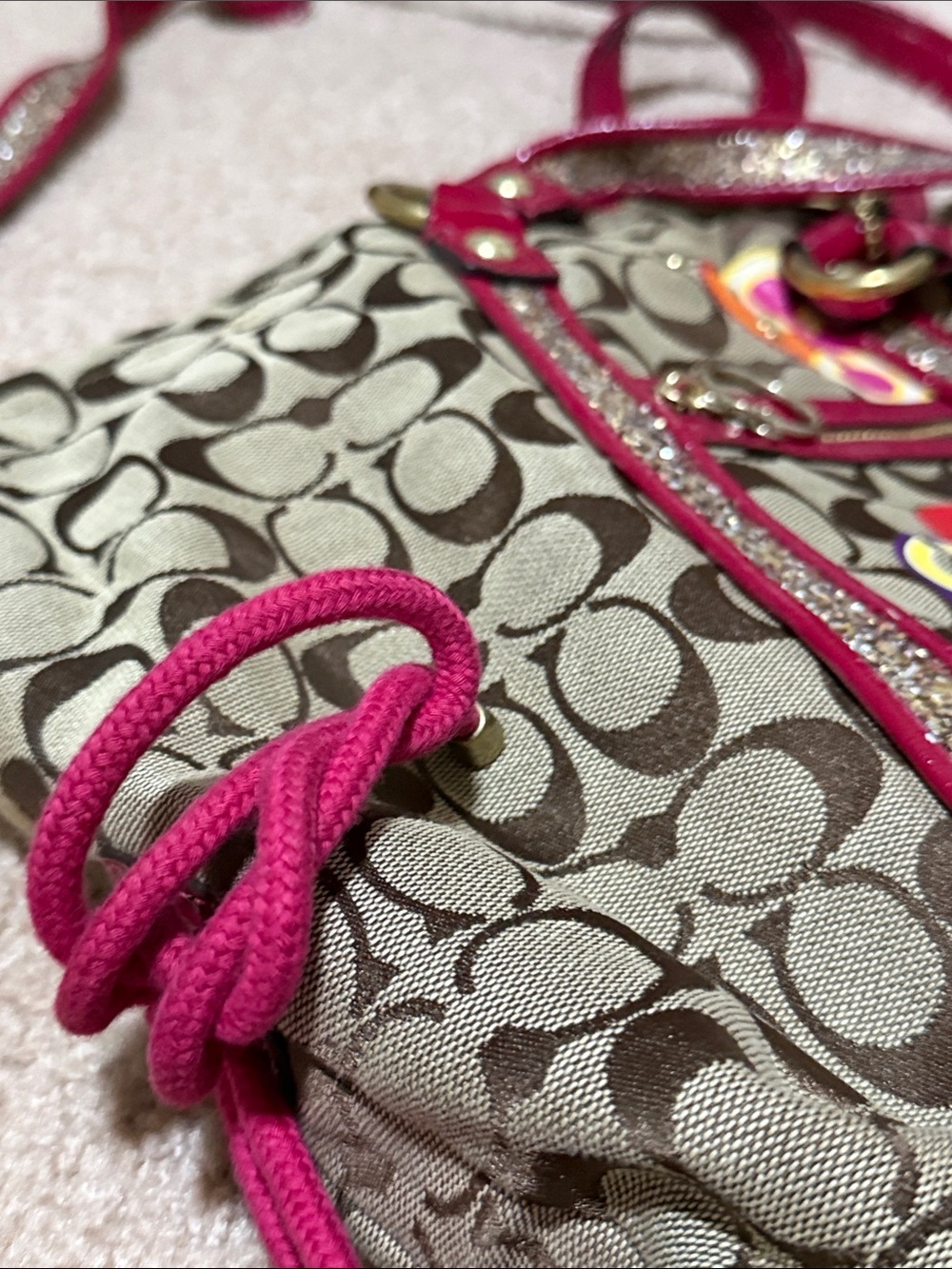 Coach Beige Signature Tote with Pink Trim and Multicolor Accents - Picture 4 of 8